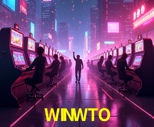 Escena dinámica inspirada en casino con iluminación WINWTO, cartas, fichas e íconos de juegos digitales en un espacio moderno de juegos.