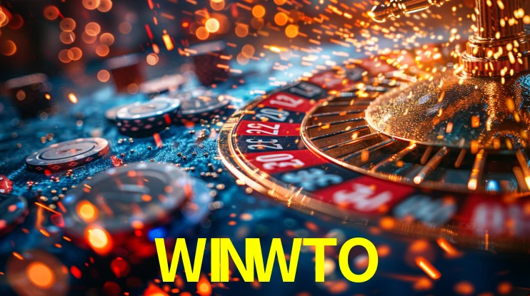 Una escena digital vívida inspirada en casino con WINWTO mostrado prominentemente, luces brillantes, fichas, cartas y acentos dorados.